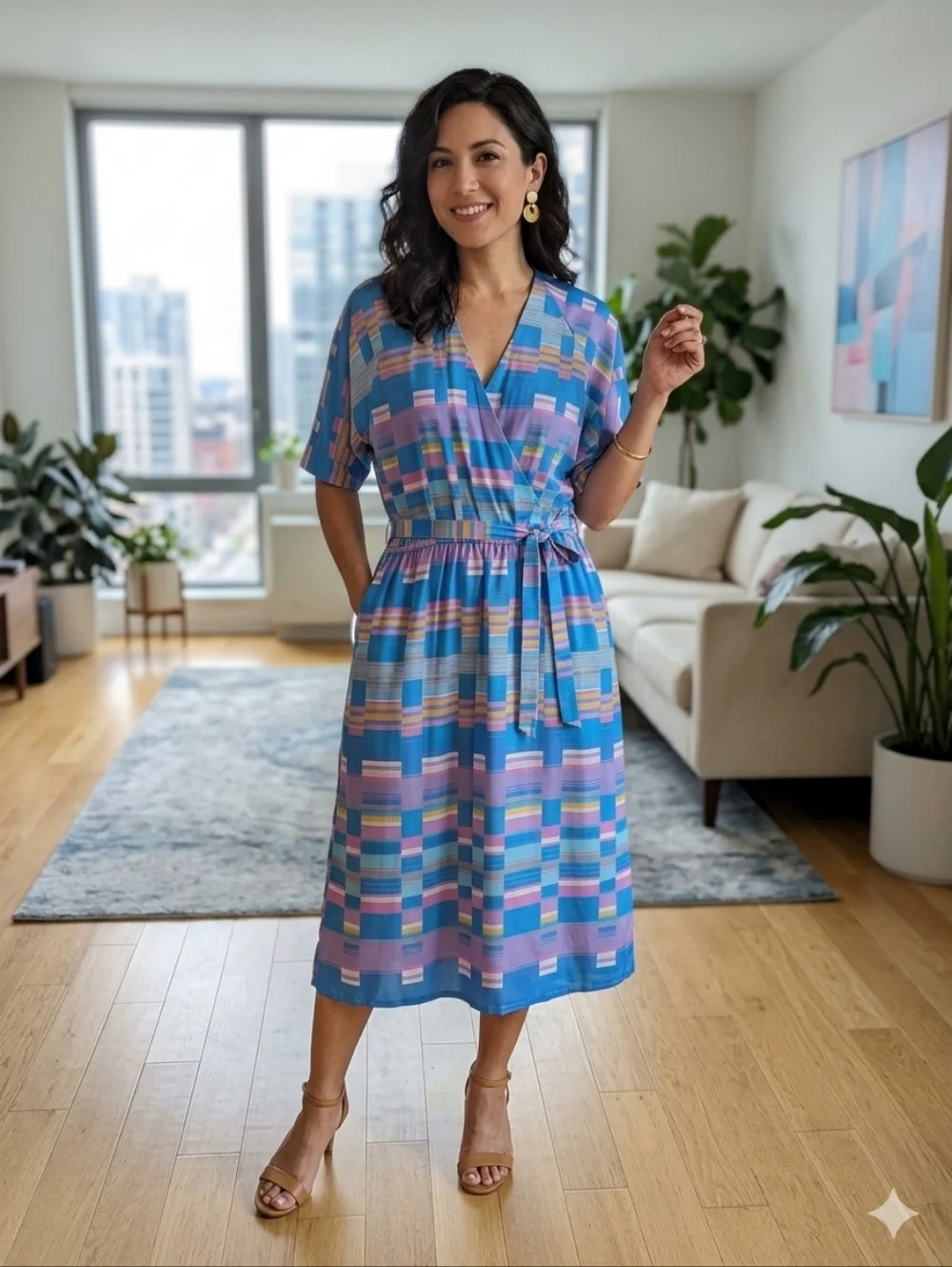 Vintage 70's Blue Geometric Print Midi Dress with Matching Belt - Picture 2 of 10